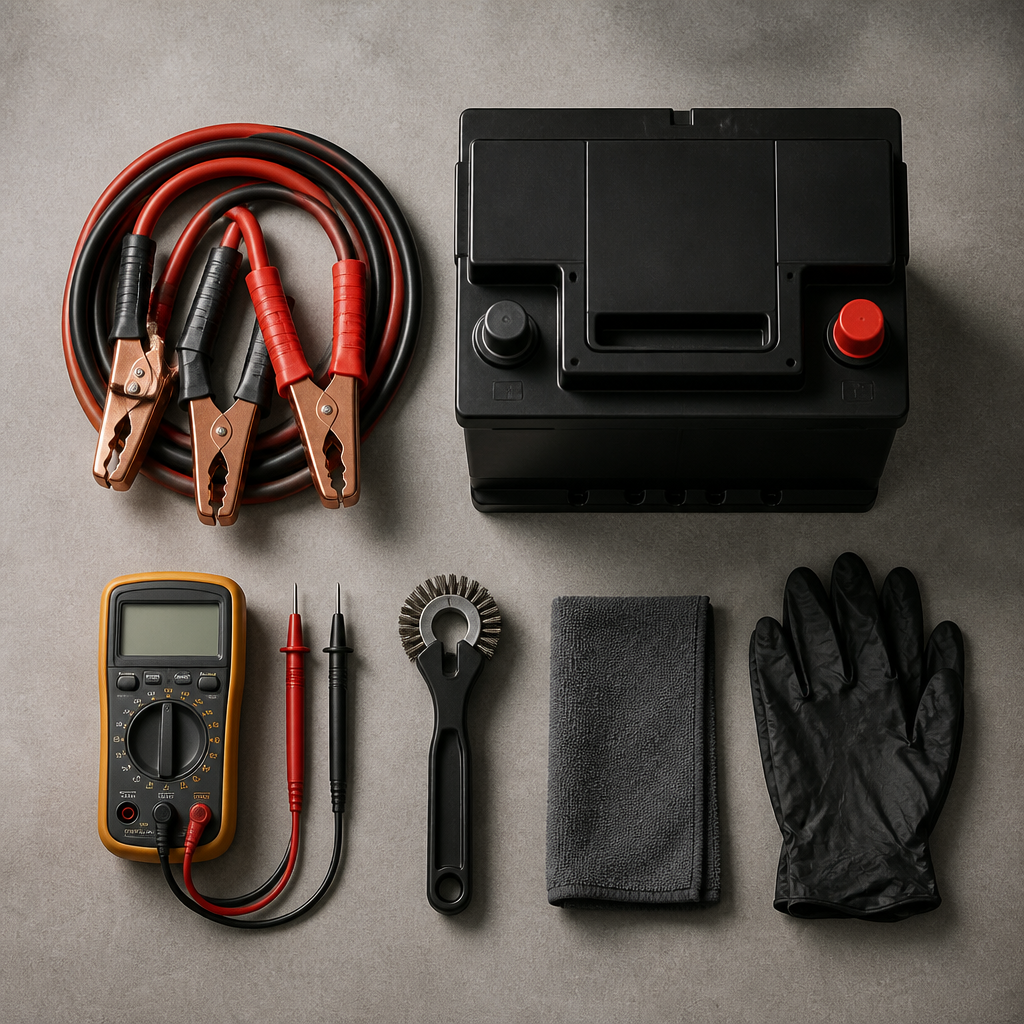 Car battery maintenance tools and jumper cables arranged on work surface