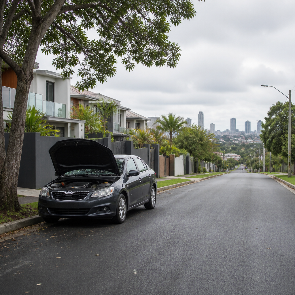 Car with open bonnet on Brisbane suburban street during daytime
