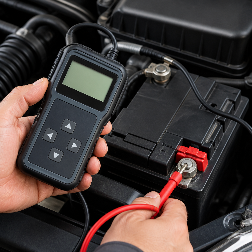 Battery voltage tester being used to check car battery health