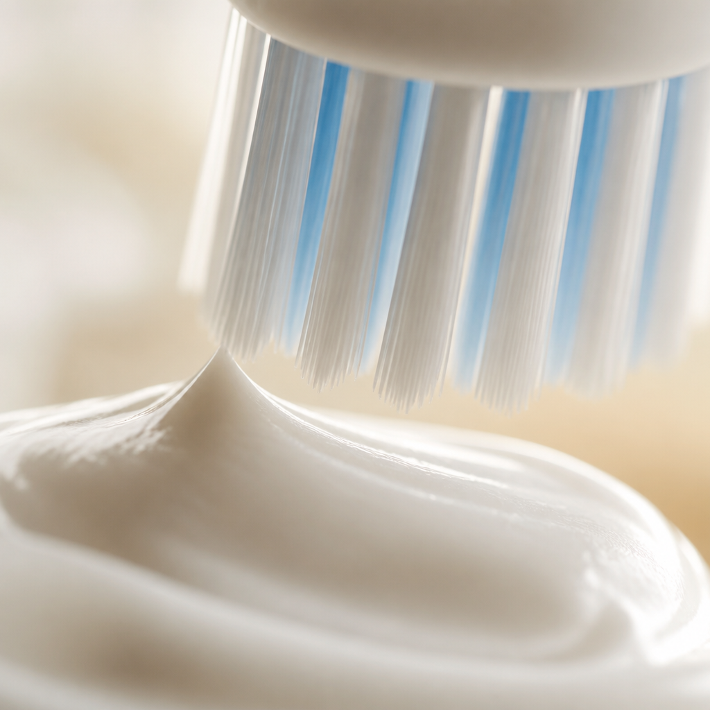 Macro close-up of toothbrush bristles with gentle unflavoured toothpaste formula