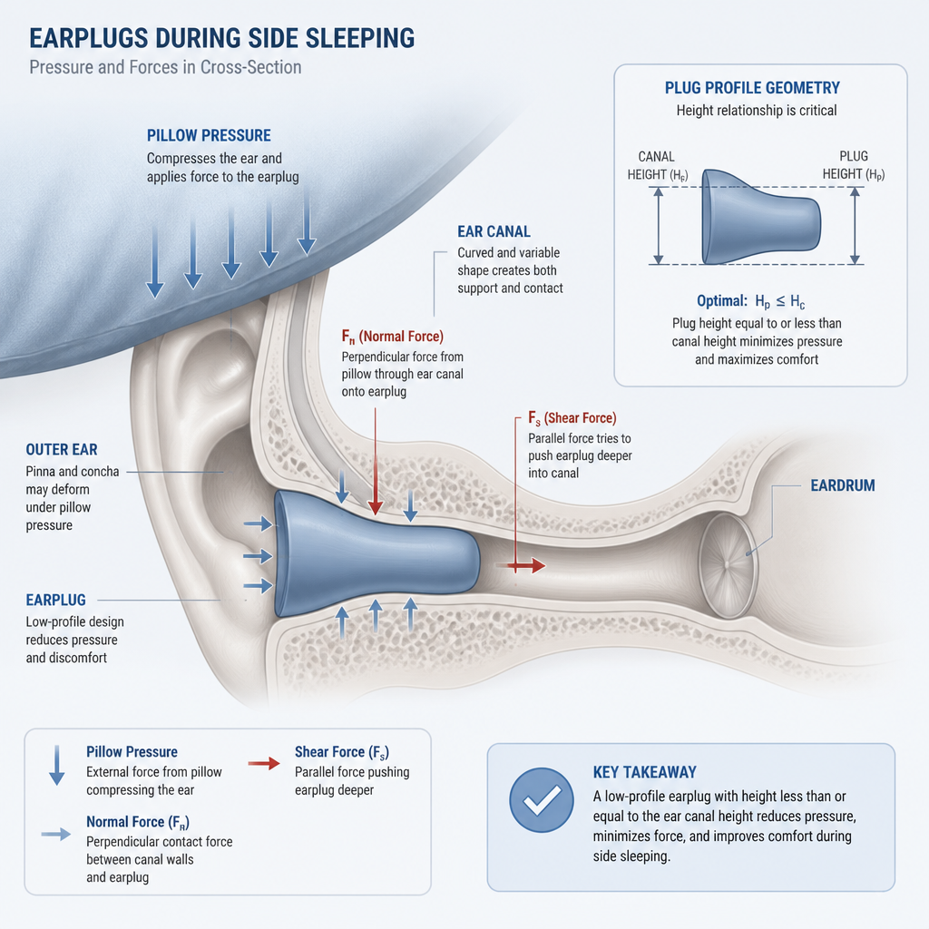 Diagram showing earplugs physics and pillow pressure on side sleeper