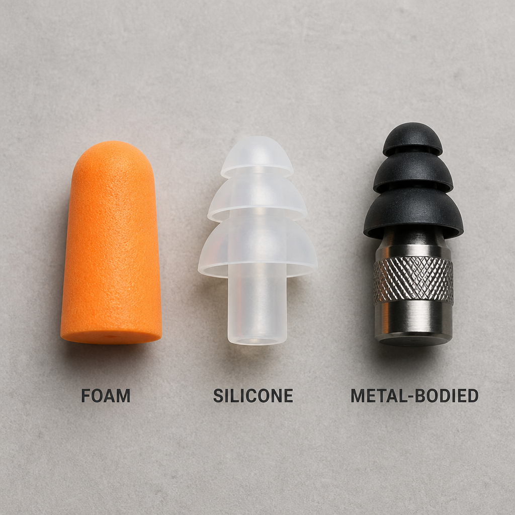 Comparison of foam, silicone, and metal earplugs with different shapes and sizes