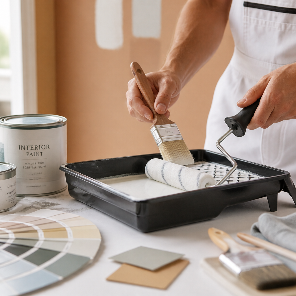 Professional painter's hands with quality painting tools and color swatches