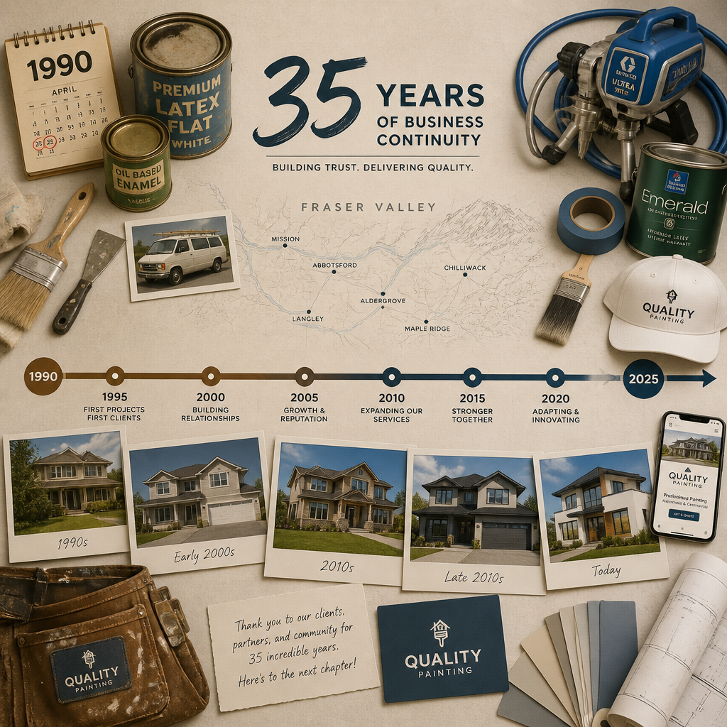 Visual timeline representing 35 years of painting business growth and continuity