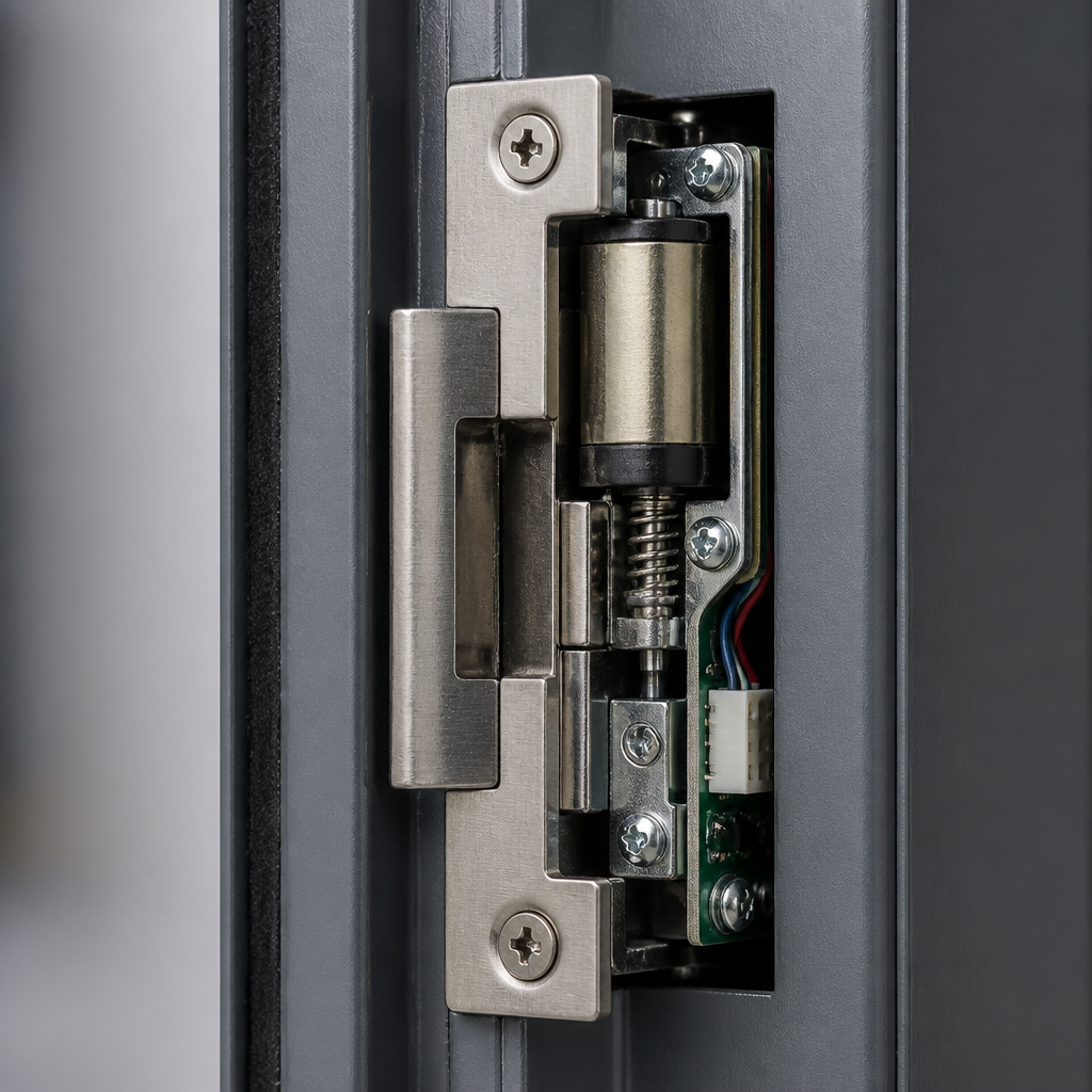 Electronic door strike mechanism installed in door frame showing solenoid and strike plate