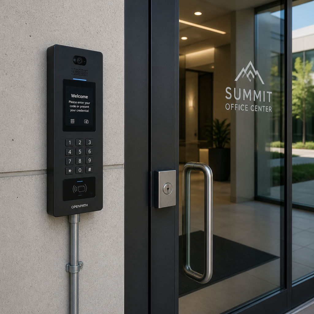Access control system panel and electronic entry hardware at a commercial building entrance