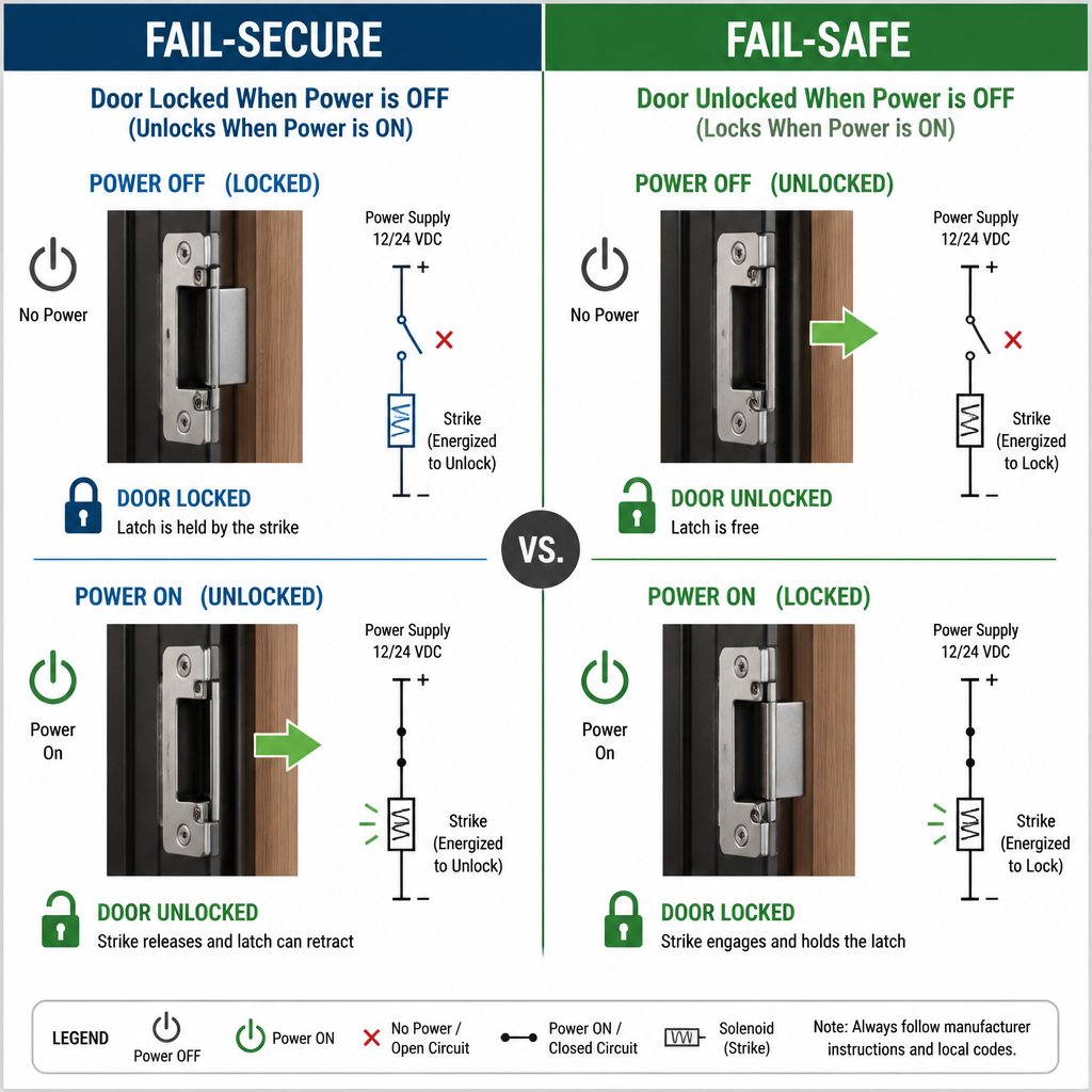 Diagram illustrating fail-secure and fail-safe electronic door strike states and power conditions