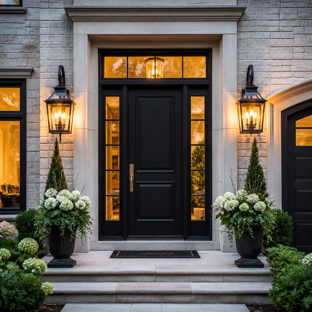 Clean, polished coach lights enhancing home curb appeal at entrance