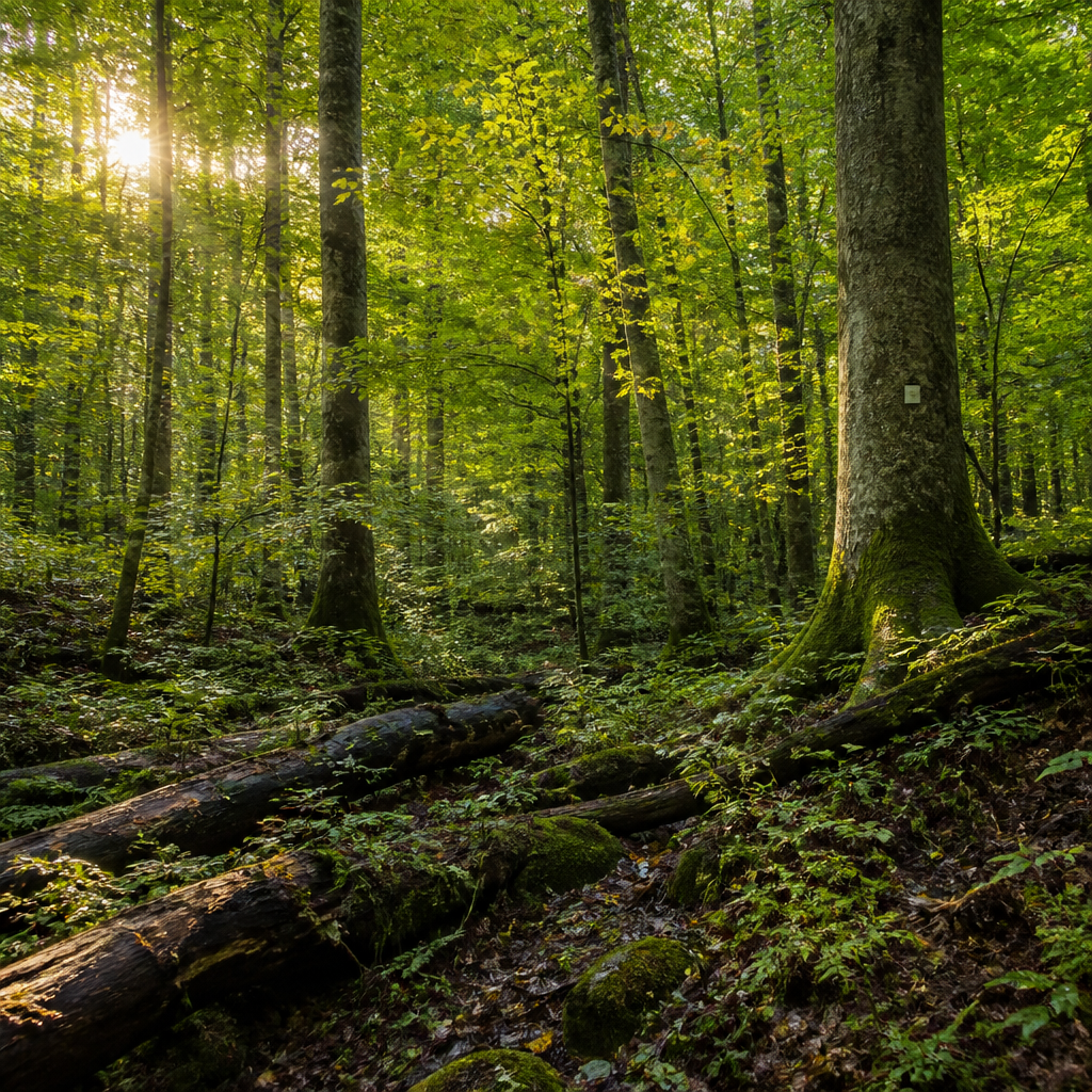 Dense Vermont hardwood forest with mature trees and filtered sunlight through the canopy