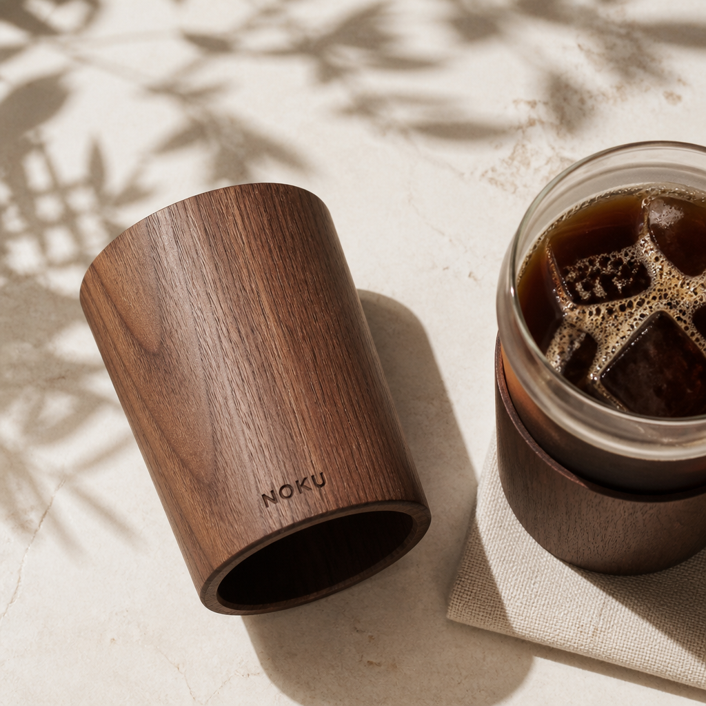 Wooden beverage sleeve displayed with a cold drink, showcasing natural wood grain and craftsmanship