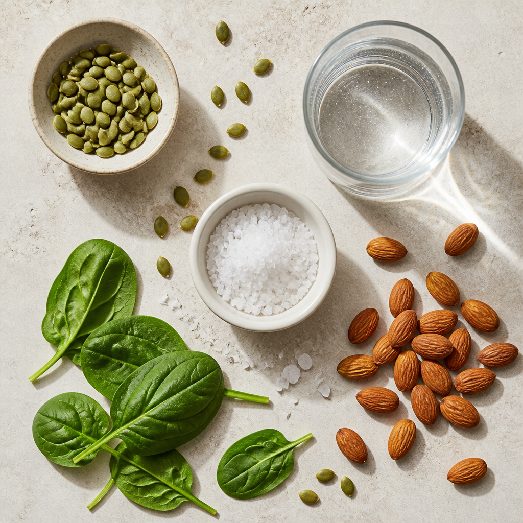 Mineral-rich foods and salt arranged on a stone surface for athletic recovery