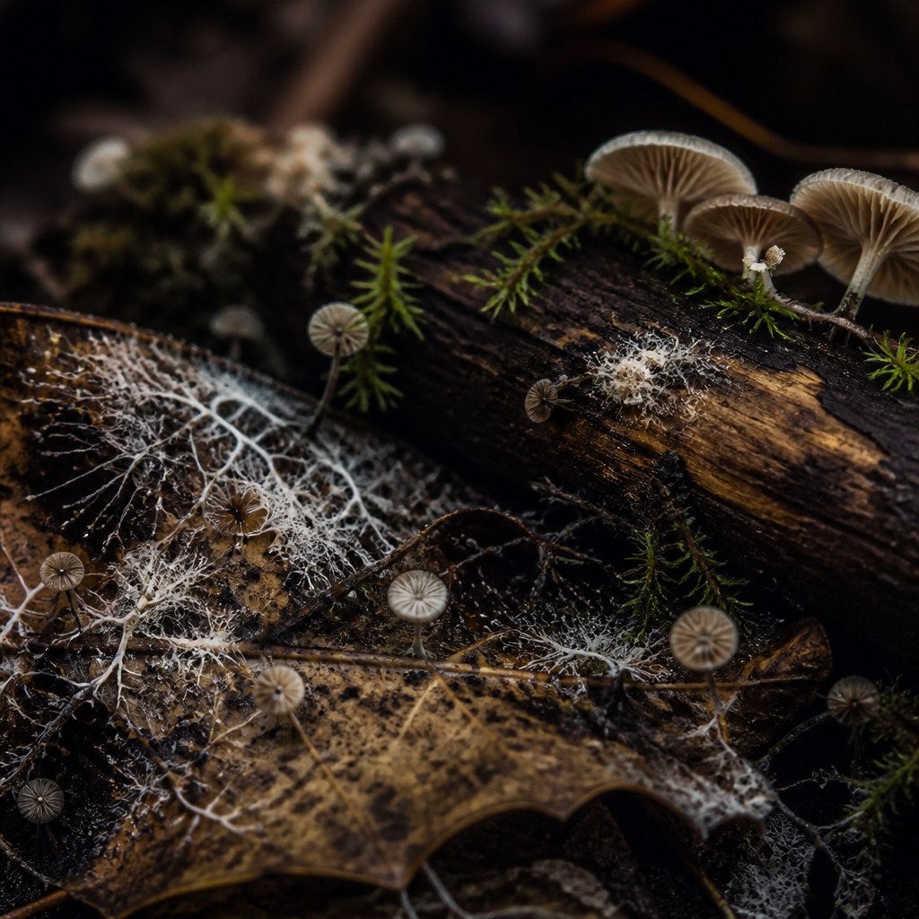 Close-up of forest floor decomposition with leaves, fungi, and organic matter returning to soil
