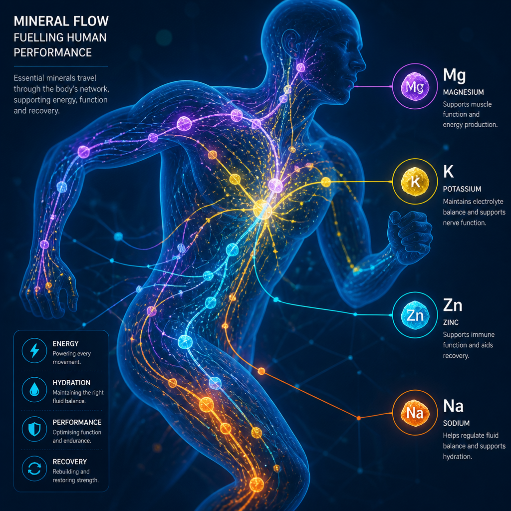Glowing mineral particles flowing through interconnected network visualization