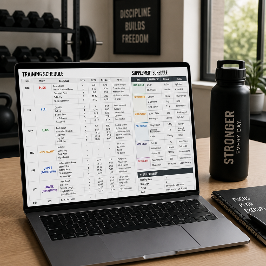 Training schedule and supplement protocol displayed on laptop in a home gym workspace