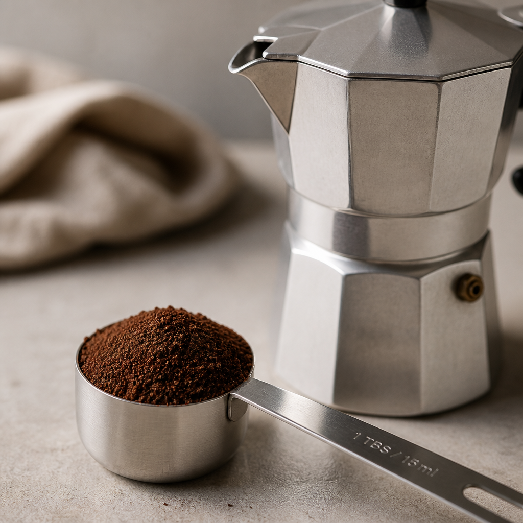 Ground coffee in measuring scoop next to moka pot on kitchen counter