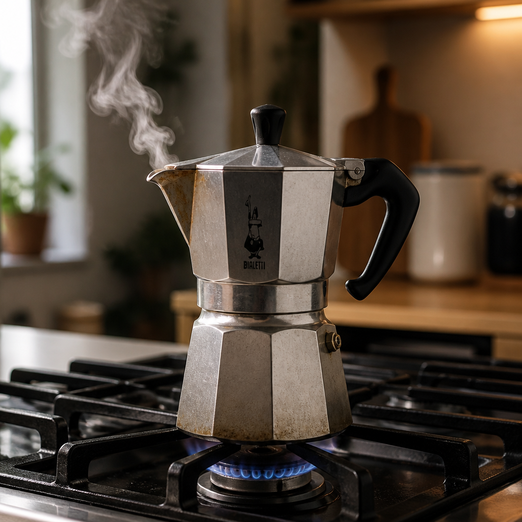 Moka pot brewing on stovetop with steam and controlled heat flame