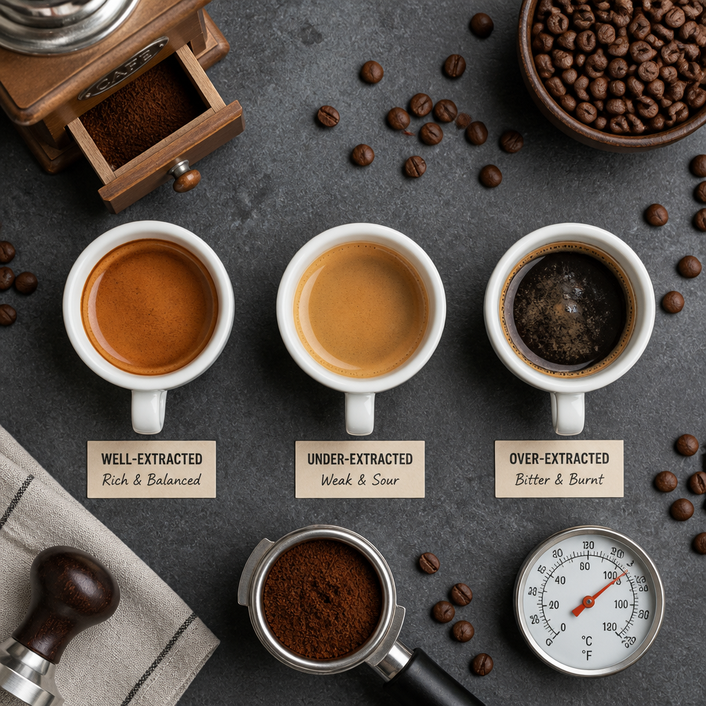 Three espresso cups showing different brewing results quality comparison