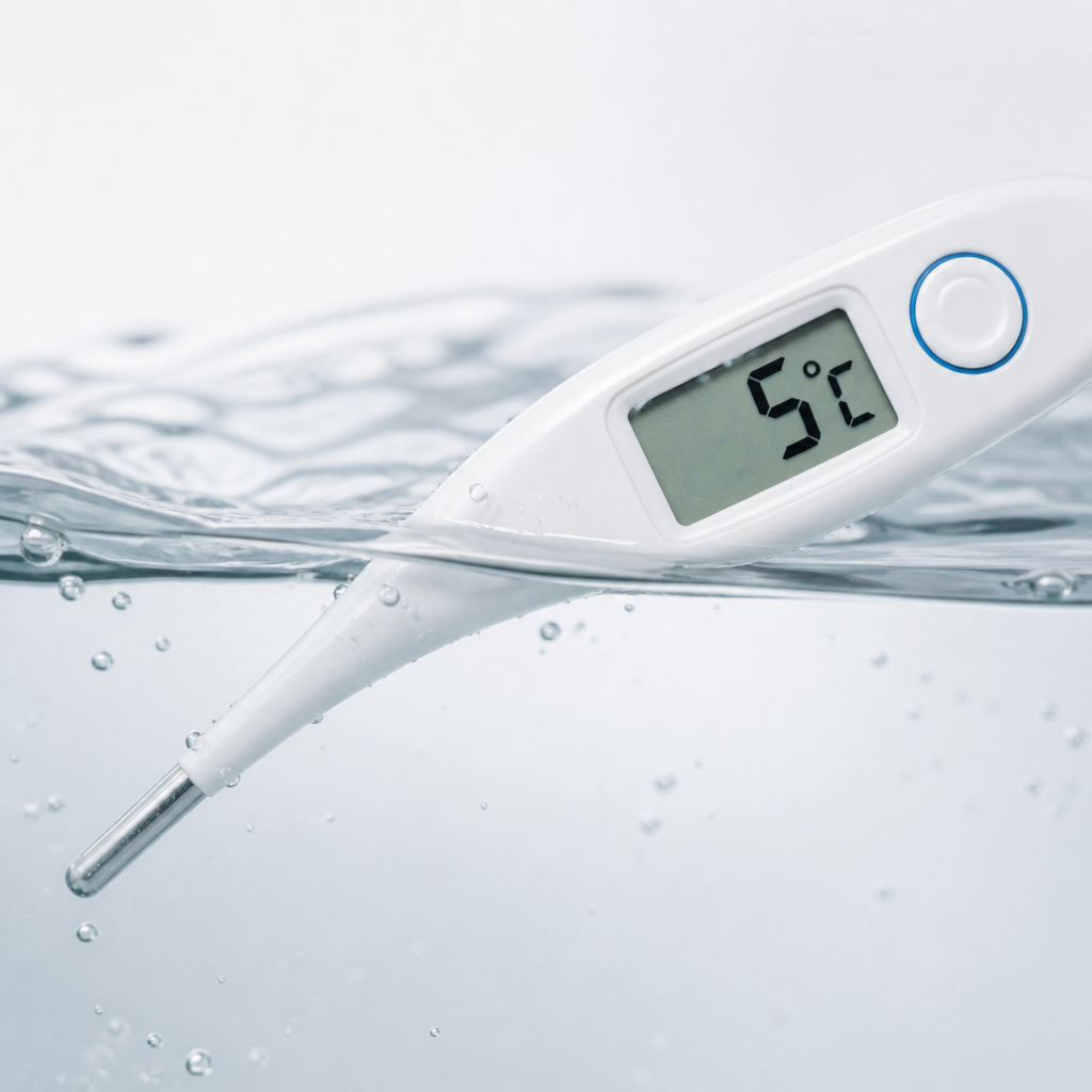Termómetro digital mostrando 5°C em água fria