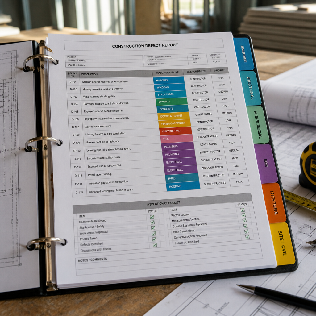 Trade-specific defect report document with color-coded sections for builder accountability