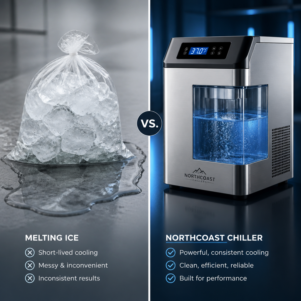 Comparação entre gelo derretido em saco e chiller para banho de gelo