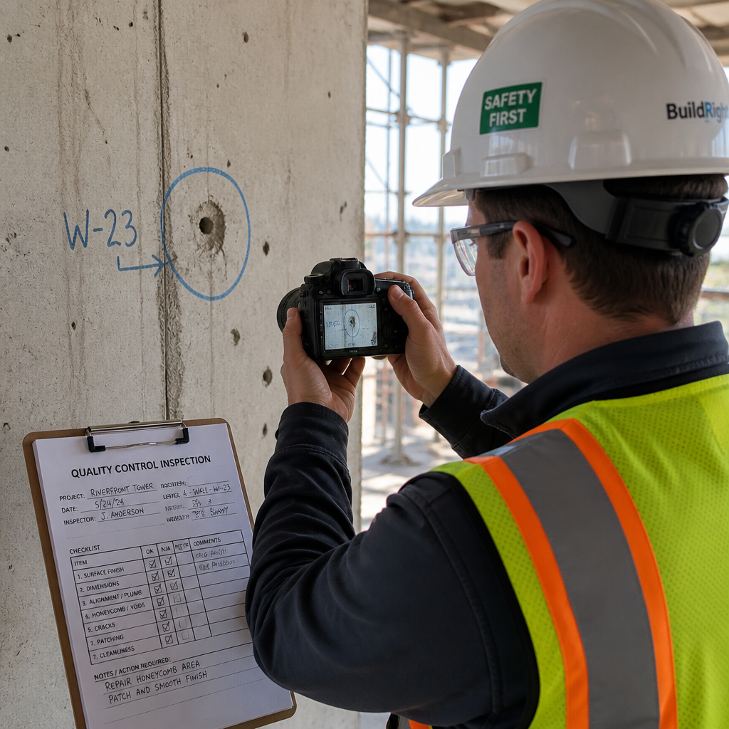 Construction inspector documenting defects with professional photography equipment on site