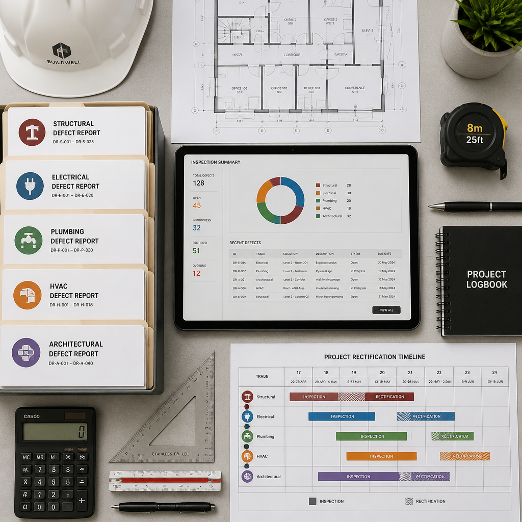 Construction management workspace with organized defect reports and project documentation
