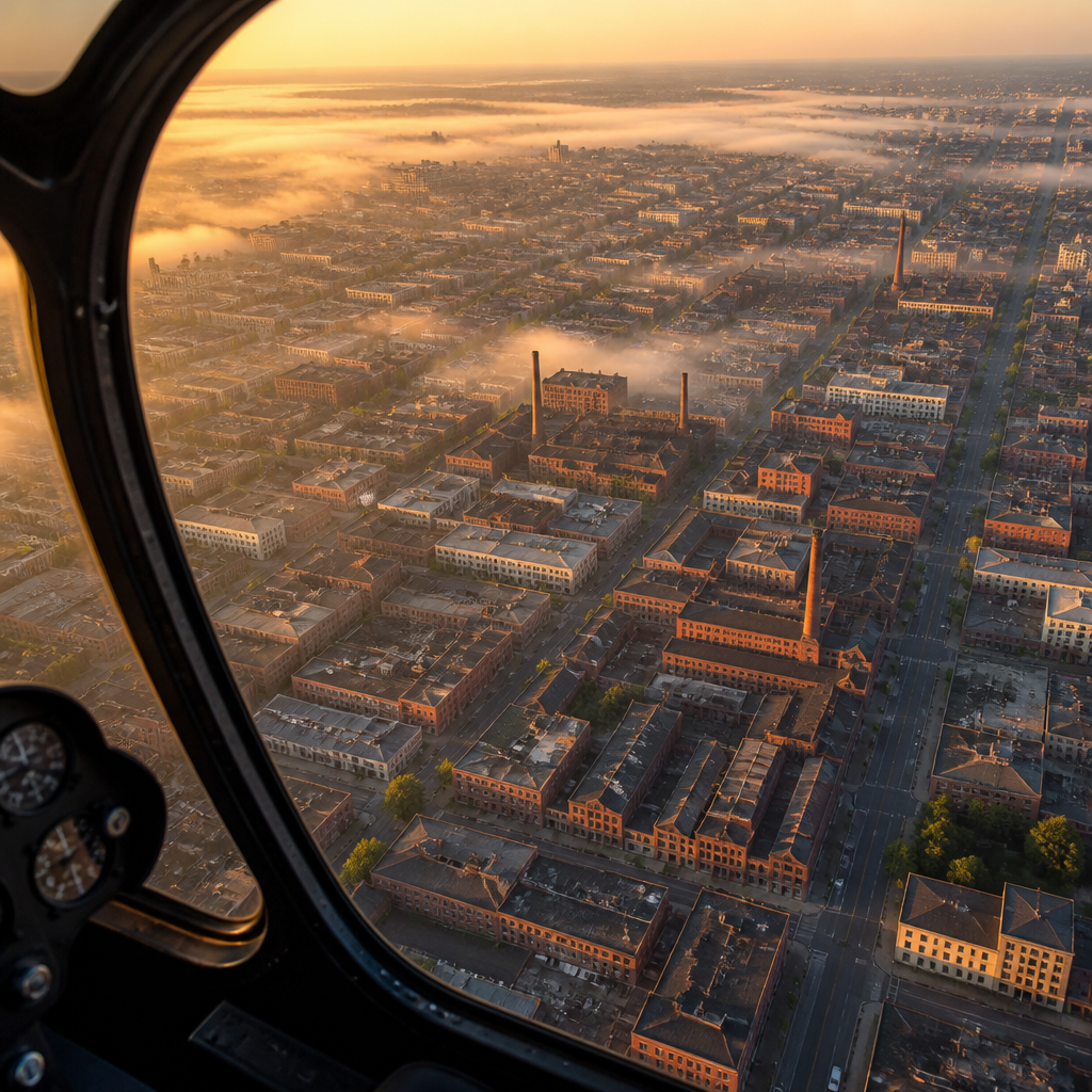 Widok lotniczy Łodzi z helikoptera pokazujący przemysłową architekturę i regularną siatkę ulic