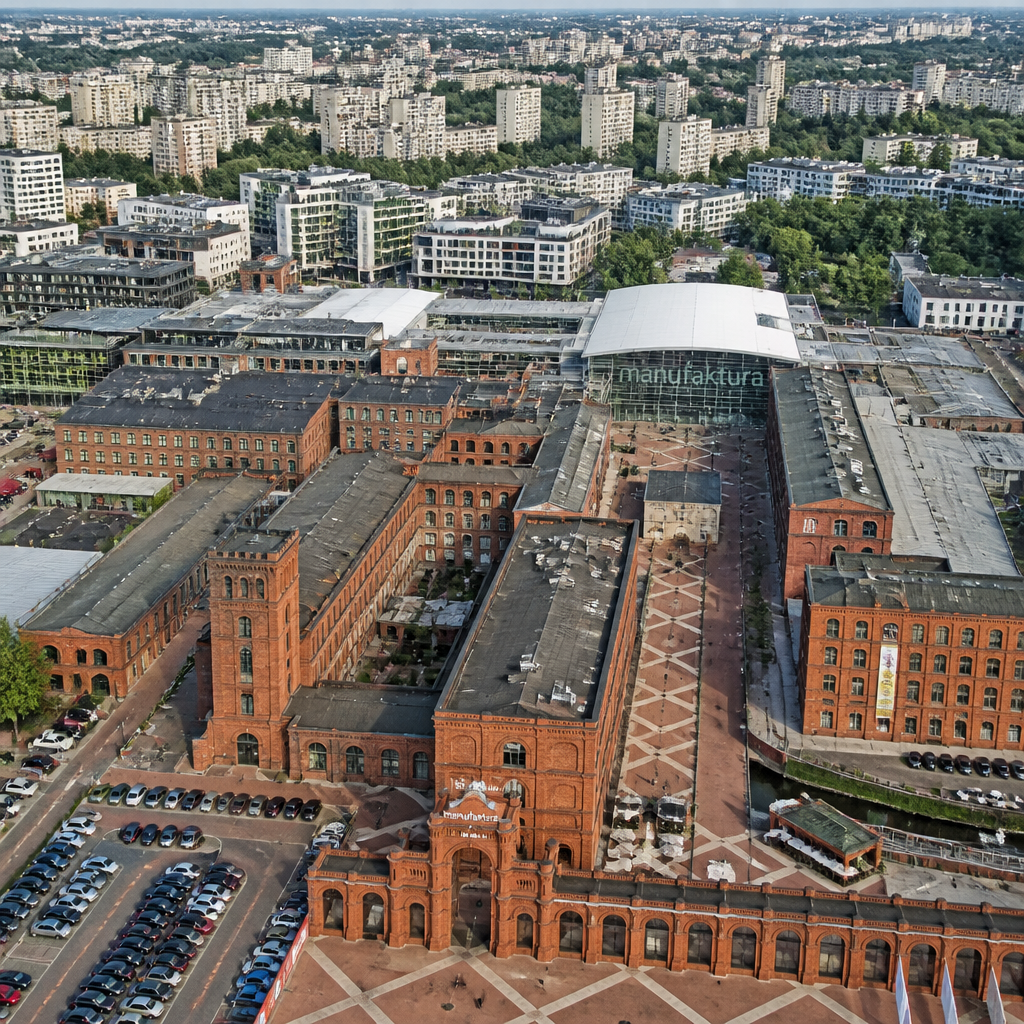 Lotniczy widok na Manufakturę i rewitalizowane kwartały Łodzi z wysoka