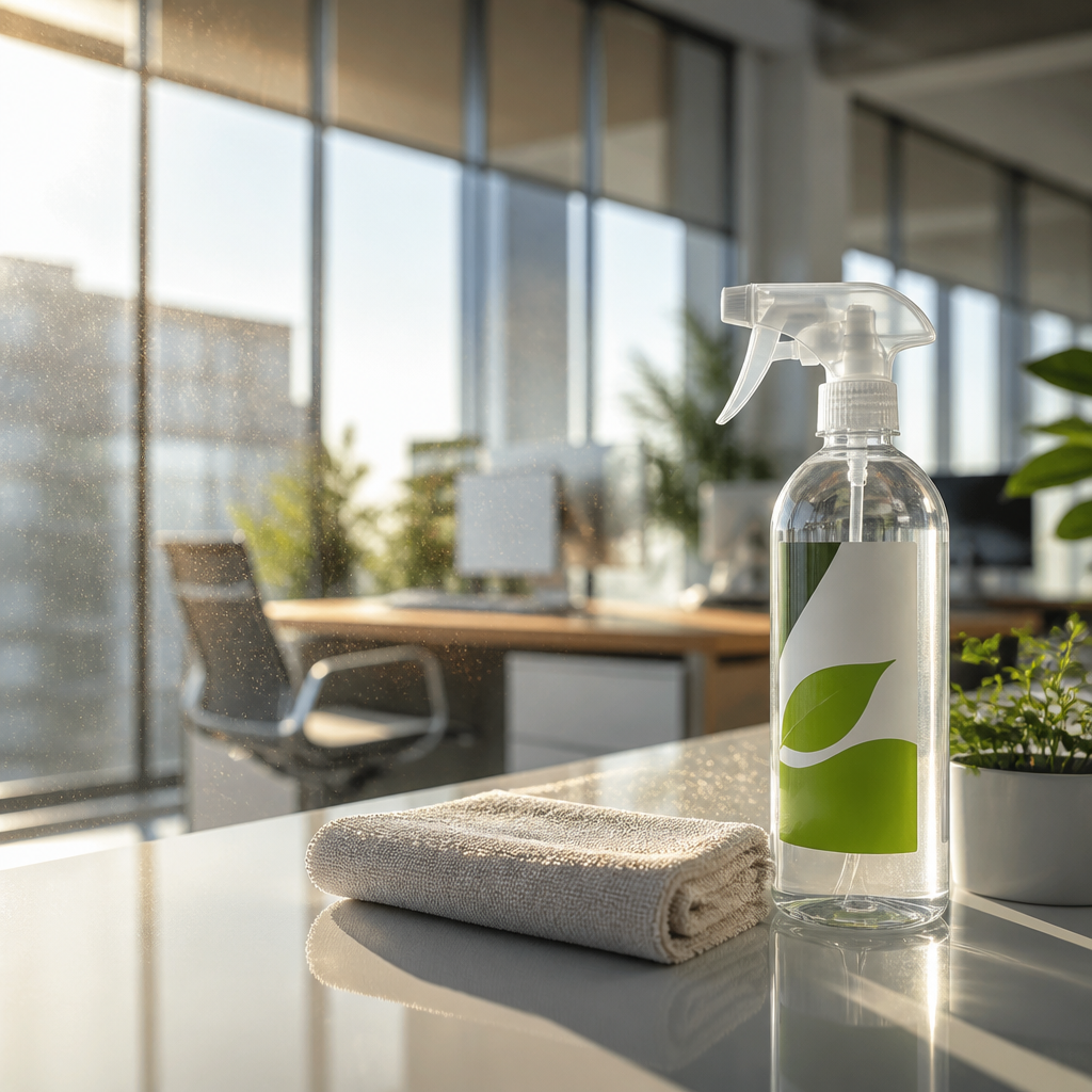 Eco-Friendly Cleaning Melbourne: Green Guide for Businesses Eco-friendly cleaning spray and microfiber cloth on a sunlit office desk in Mulgrave