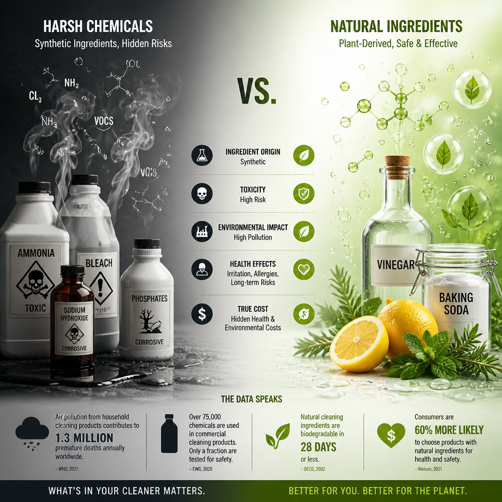Eco-Friendly Cleaning Melbourne: Green Guide for Businesses Comparison of conventional chemicals versus natural eco-friendly cleaning ingredients used by vibrant property services in commercial cleaning in south eastern Melbourne