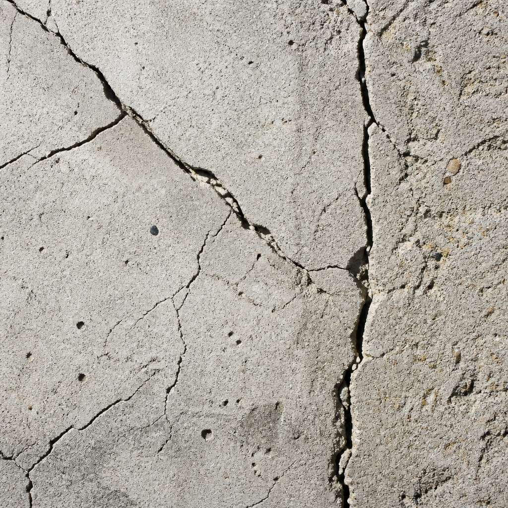 Gros plan de fissures sur une surface de béton avec différents motifs de fissuration
