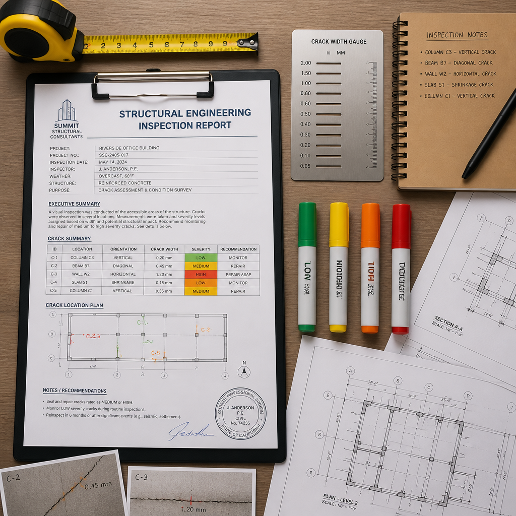 Outils et documents d'inspection des fissures : rapport d'expertise, règle de mesure et plans architecturaux