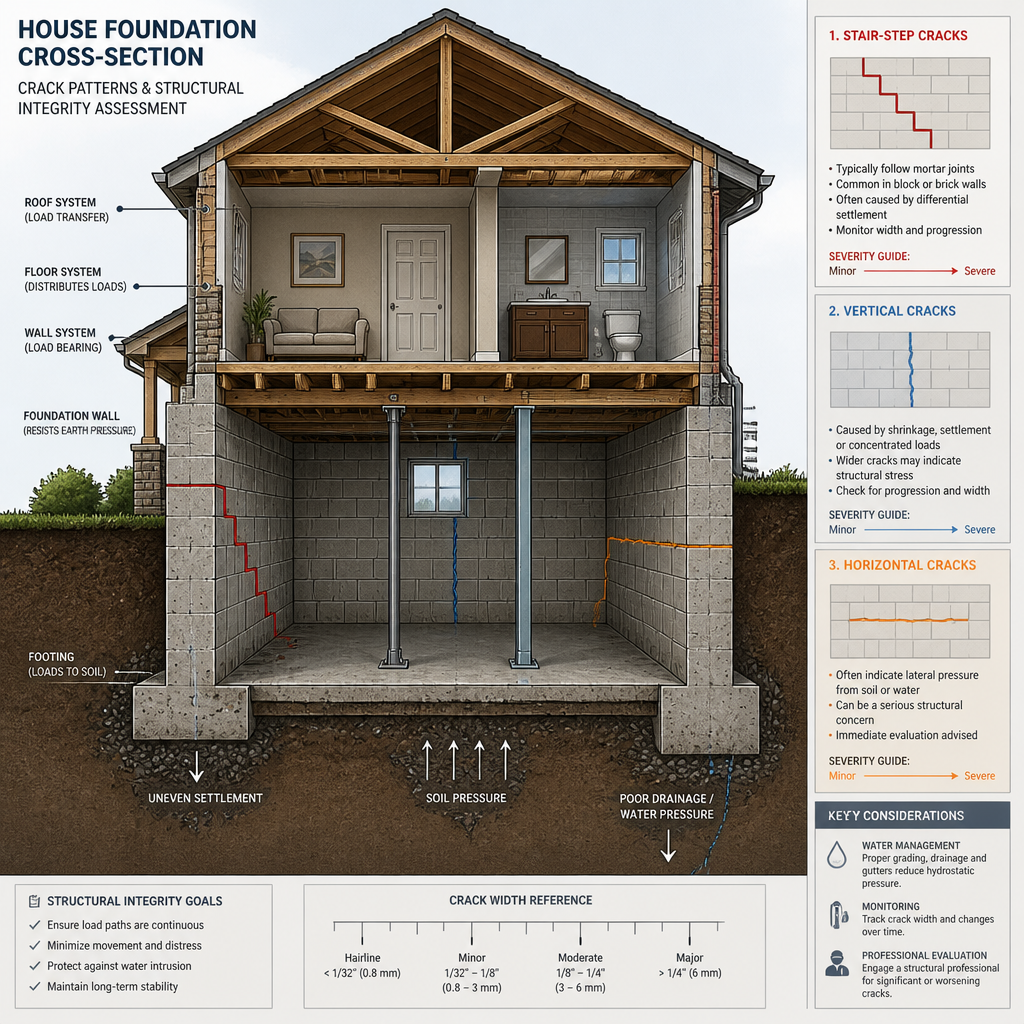Schéma technique d'une fondation de maison montrant les différents types de fissuration structurelle