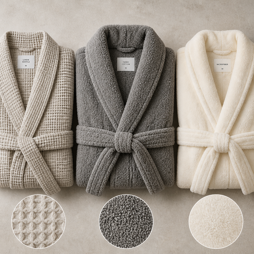 Three folded bath robes displaying different fabric textures: waffle weave, terry cloth, and plush microfiber