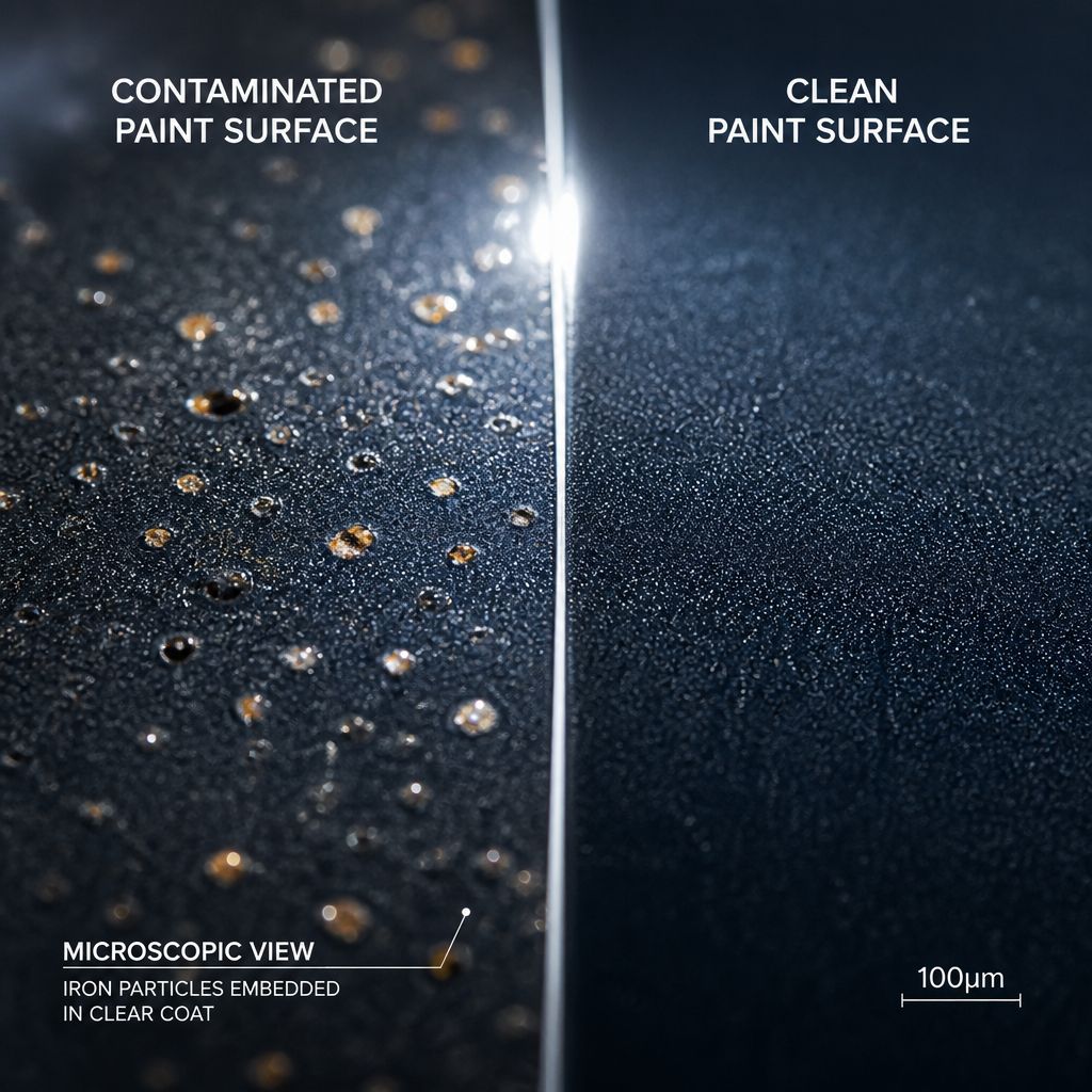Microscopic view of paint surface showing iron fallout and contaminants embedded in vehicle clearcoat