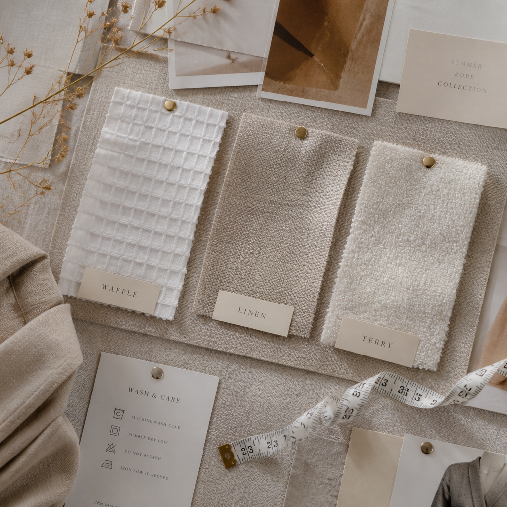 Fabric swatches and texture samples arranged on a designer's mood board with care instructions and measurement tools