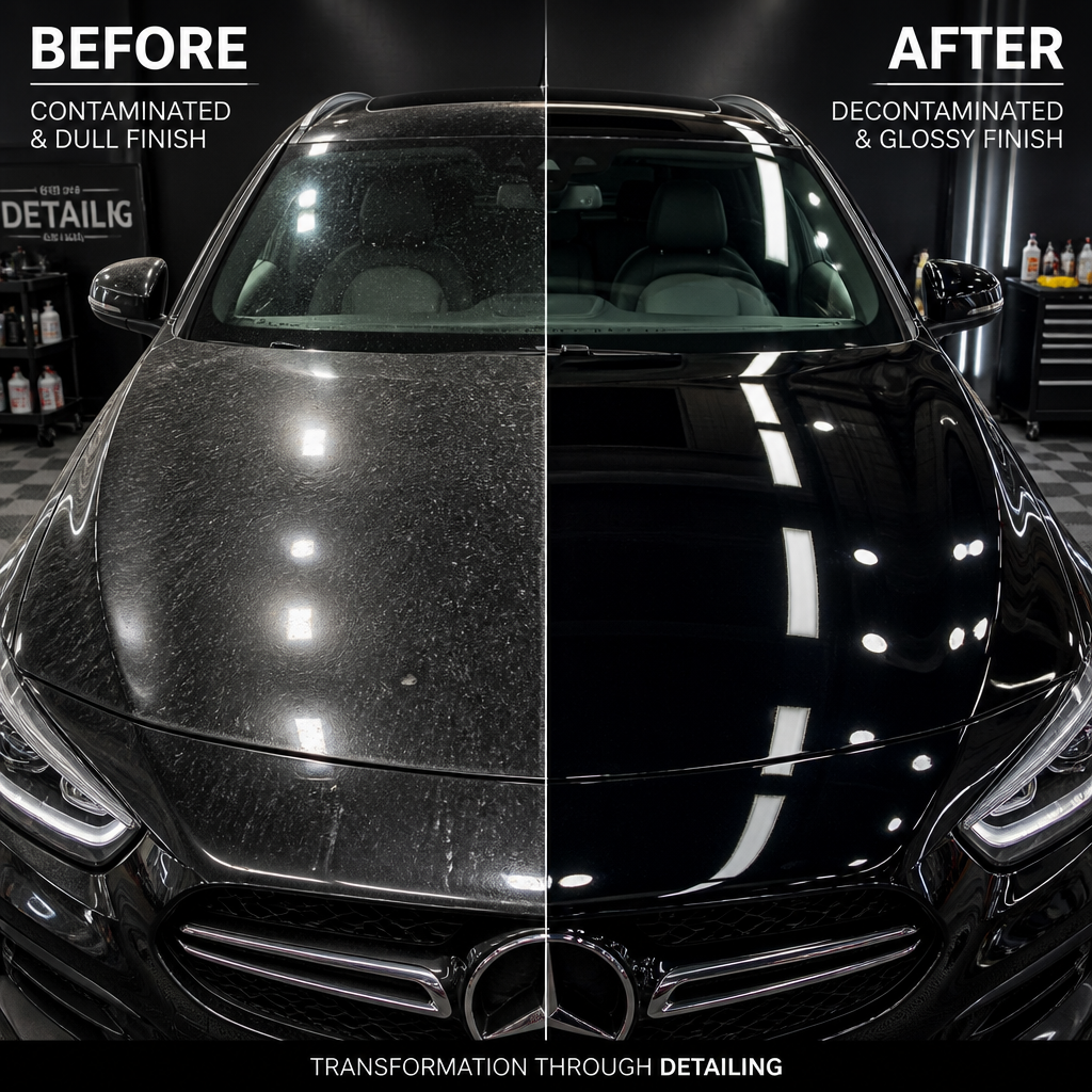 Before and after visual comparison of vehicle paint decontamination results showing improved clarity and gloss