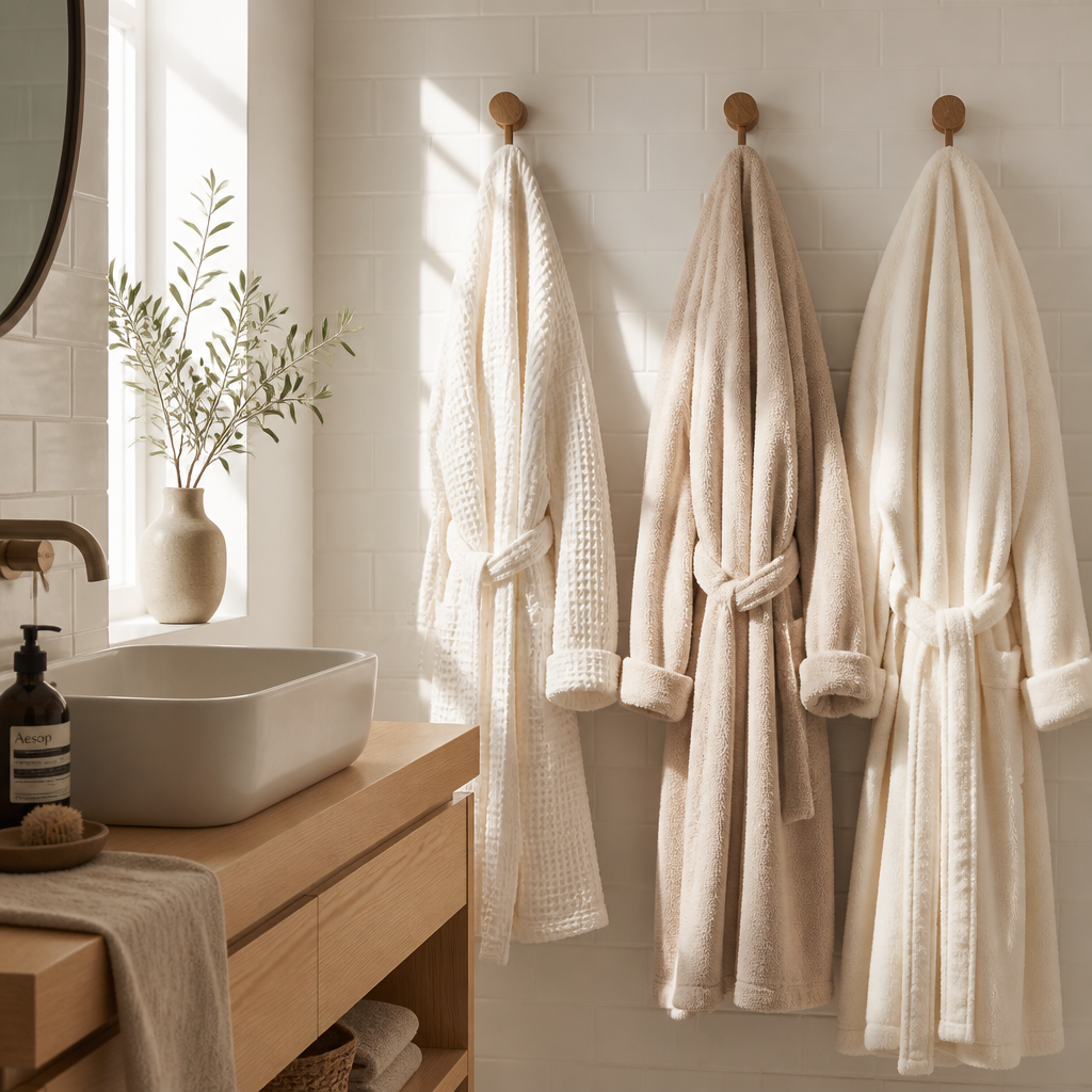 Three different robe styles hanging in a bright minimalist bathroom setting near a sink with natural window lighting