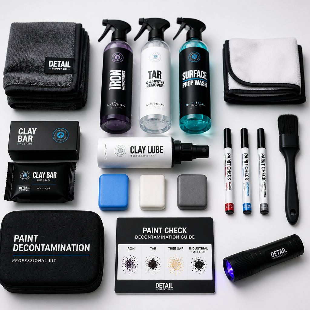 Professional paint decontamination tools and products displayed in a minimalist flat lay arrangement