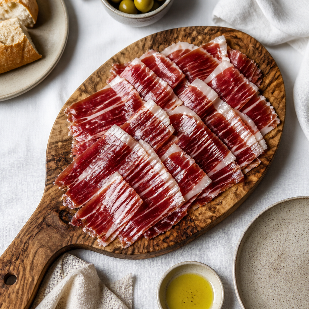 Jamón ibérico sliced on a wooden board with professional restaurant presentation