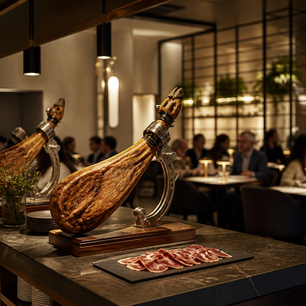 Fine dining restaurant interior with premium cured ham display and elegant service