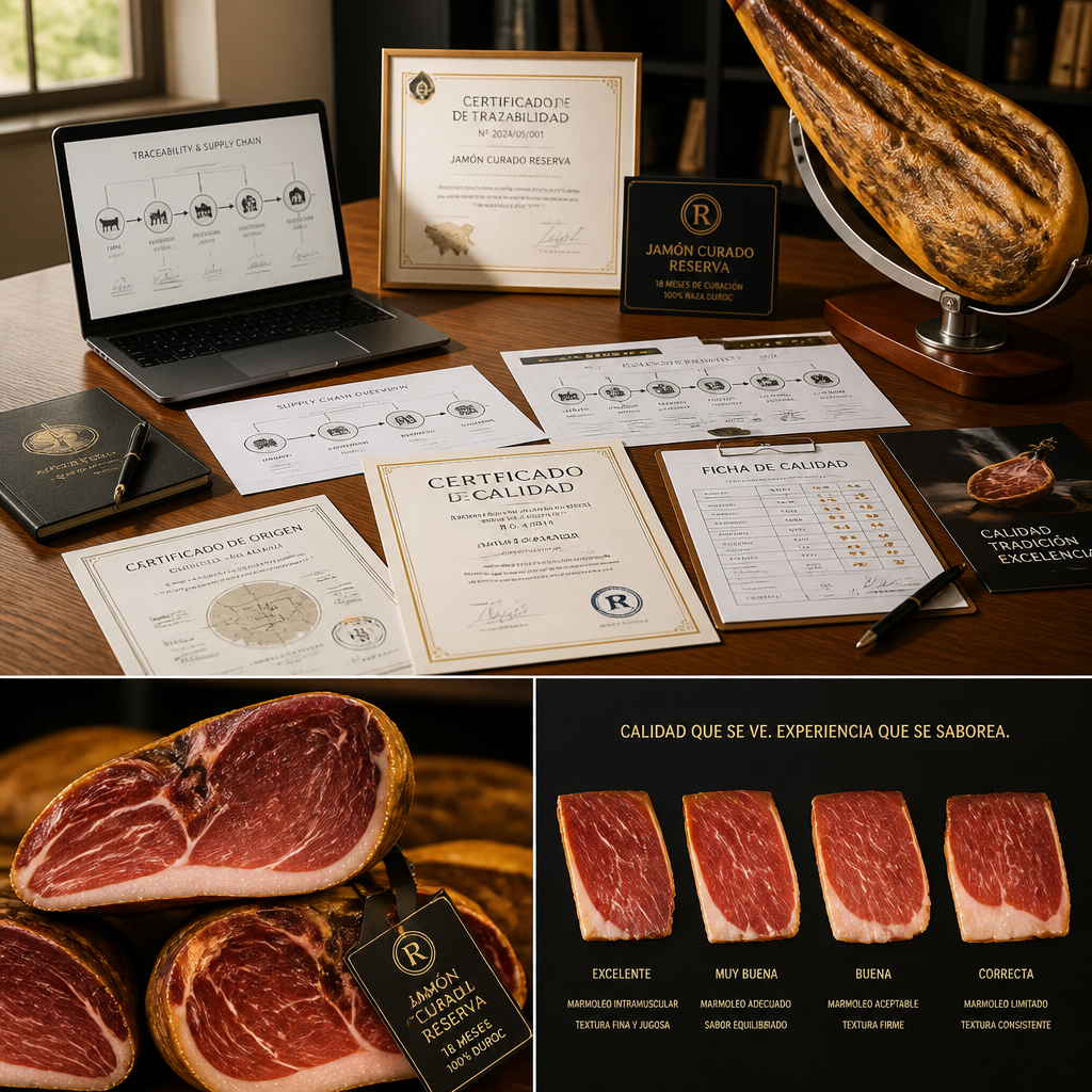 Jamón ibérico traceability documentation and quality certification materials for restaurant purchasing