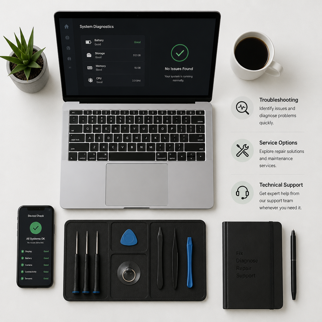 Computerreparation-service elementer arrangeret i oversigtslayout