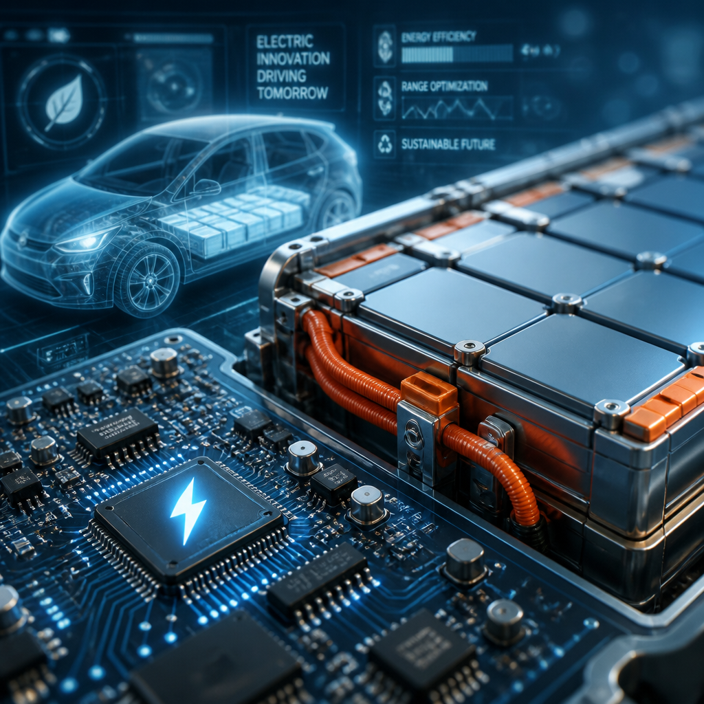 Close-up of electric vehicle battery and circuitry.