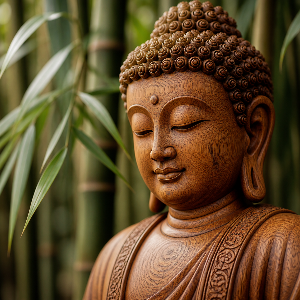 Handcrafted wooden Buddha statue with intricate details surrounded by bamboo.