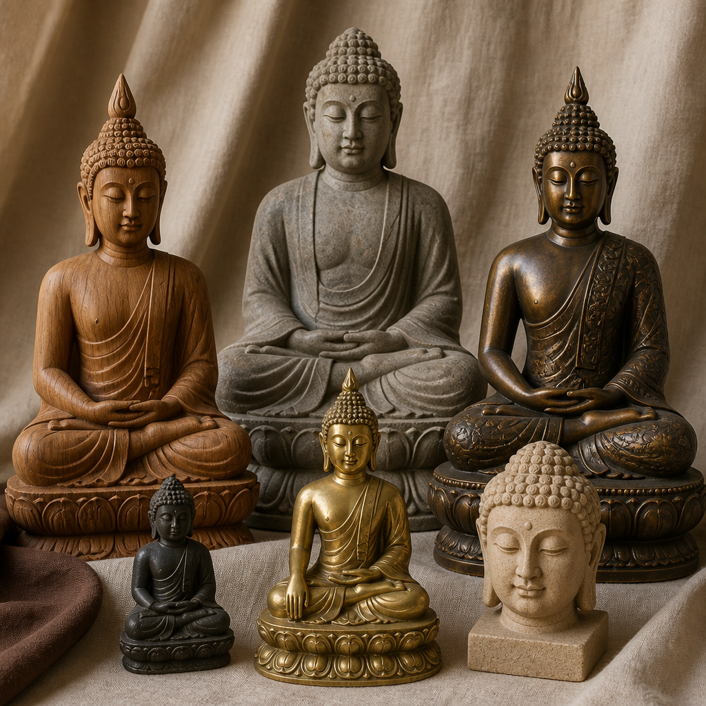 Various Buddha statues made of bronze, stone, and wood, arranged on a soft fabric.