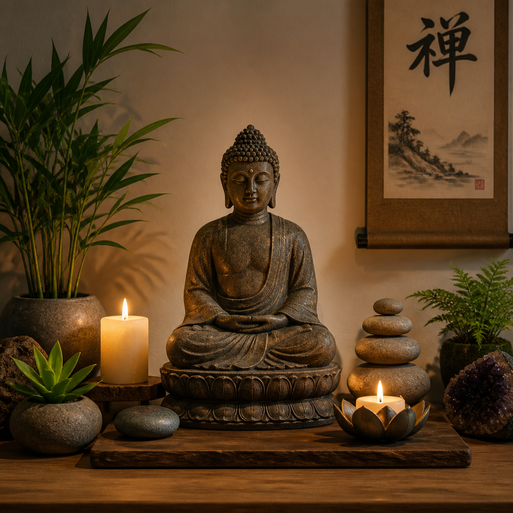 Small meditation altar with a Buddha statue, candles, stones, and plants.