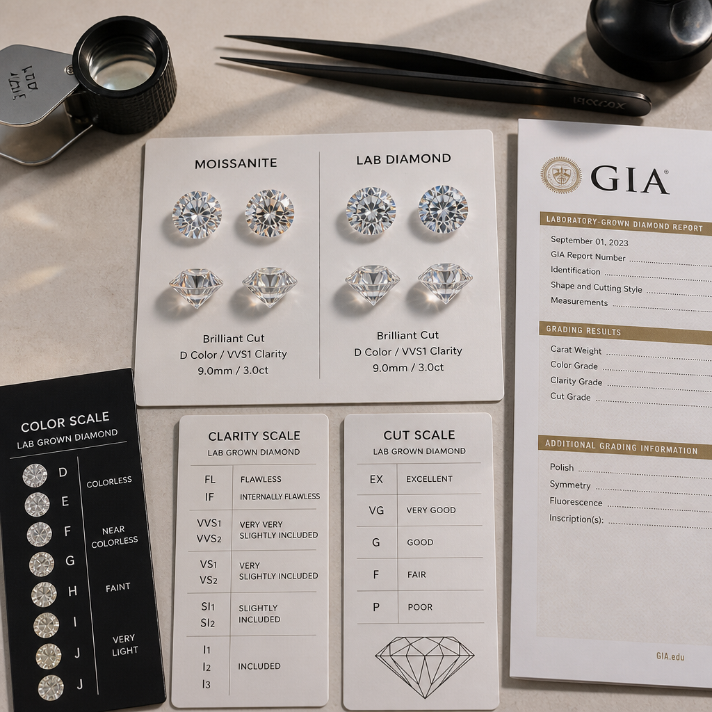 Moissanite and lab diamond stones displayed side-by-side with grading tools and documentation