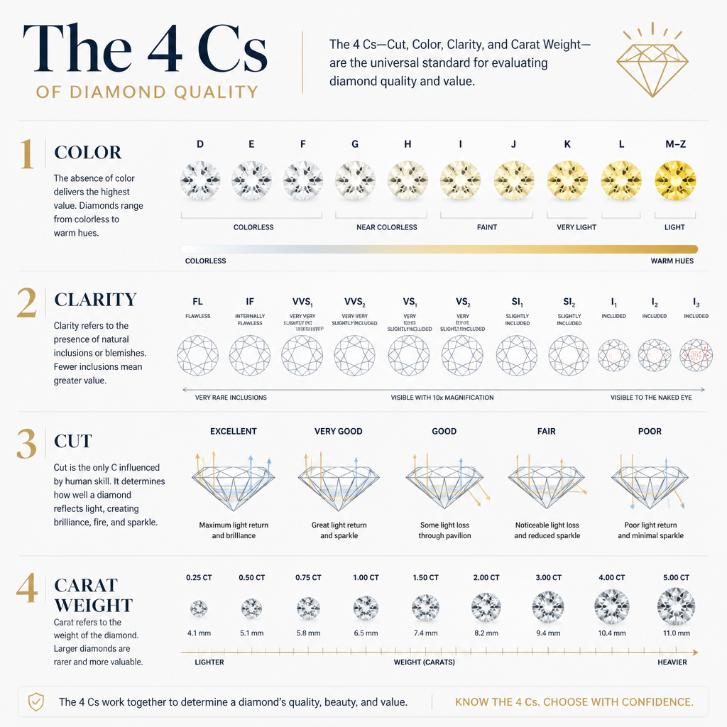 Infographic visualization of the 4 Cs gemstone grading system with color, clarity, cut, and carat elements