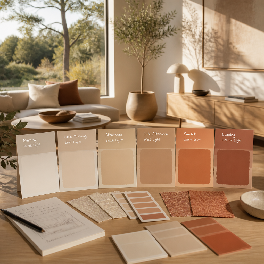Natural light illuminating paint color swatches on a wooden table by large windows